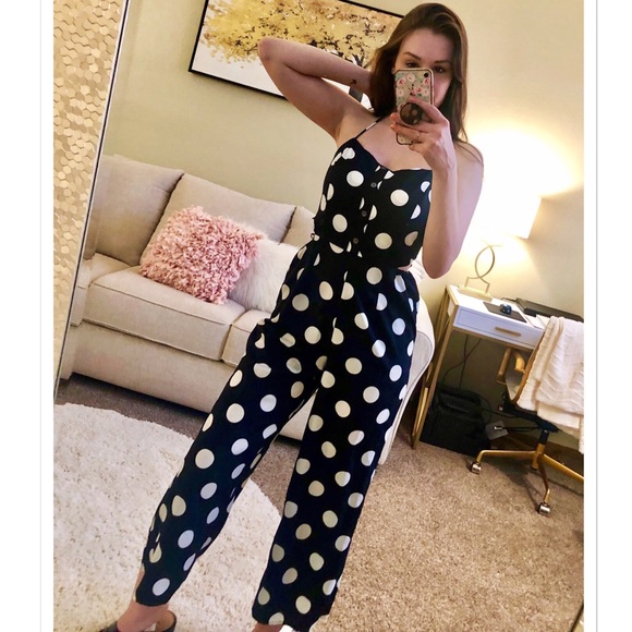 Black Open Back Jumpsuit with White Polka Dots - Picture 2 of 8
